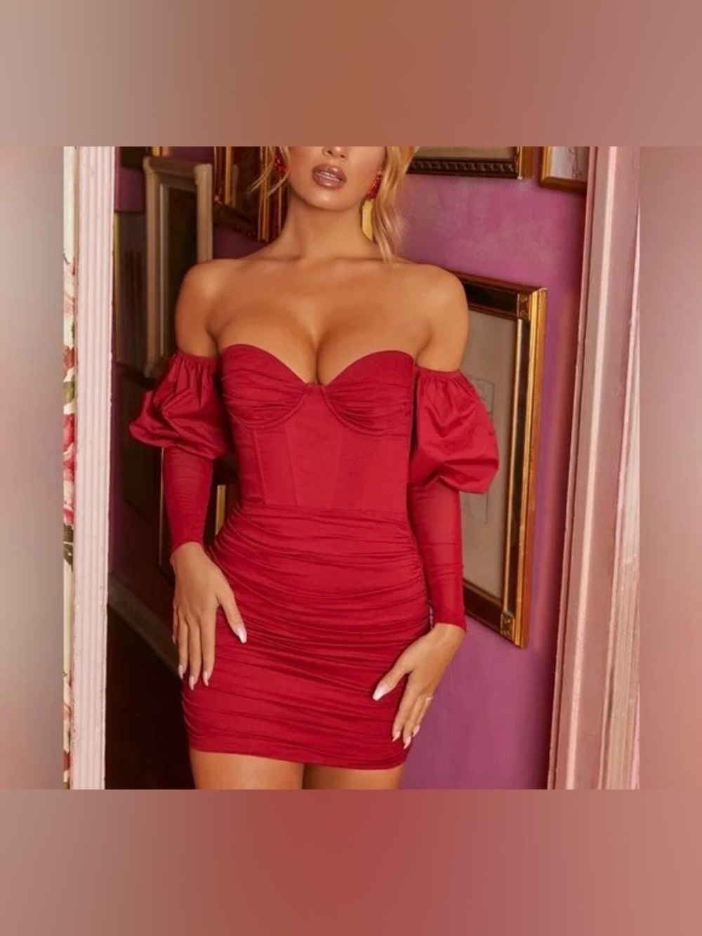 Oh Polly “Can’t Get Enough” Bardot Puff Sleeve Mini Dress in Red
